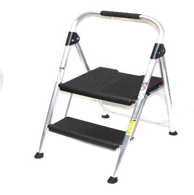 Folding two-step stool for reaching tall hoistway doors