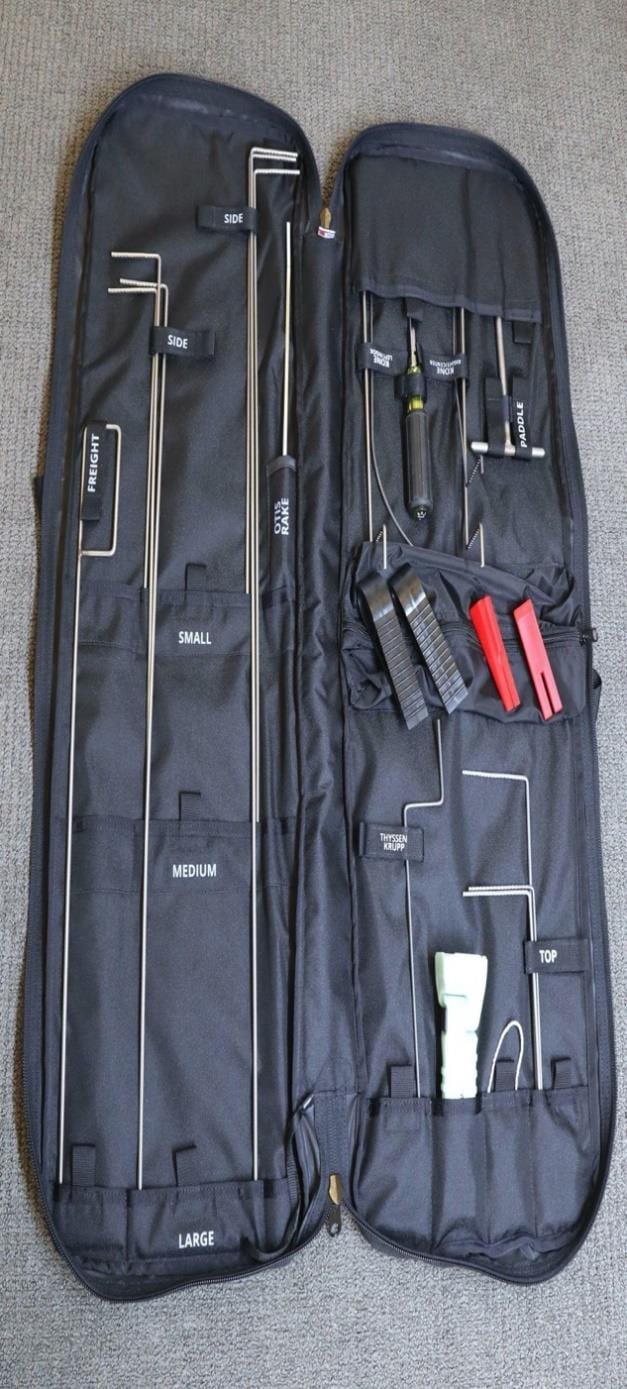 Open elevator pick bag with labeled pockets for side, top, freight, and specialty picks